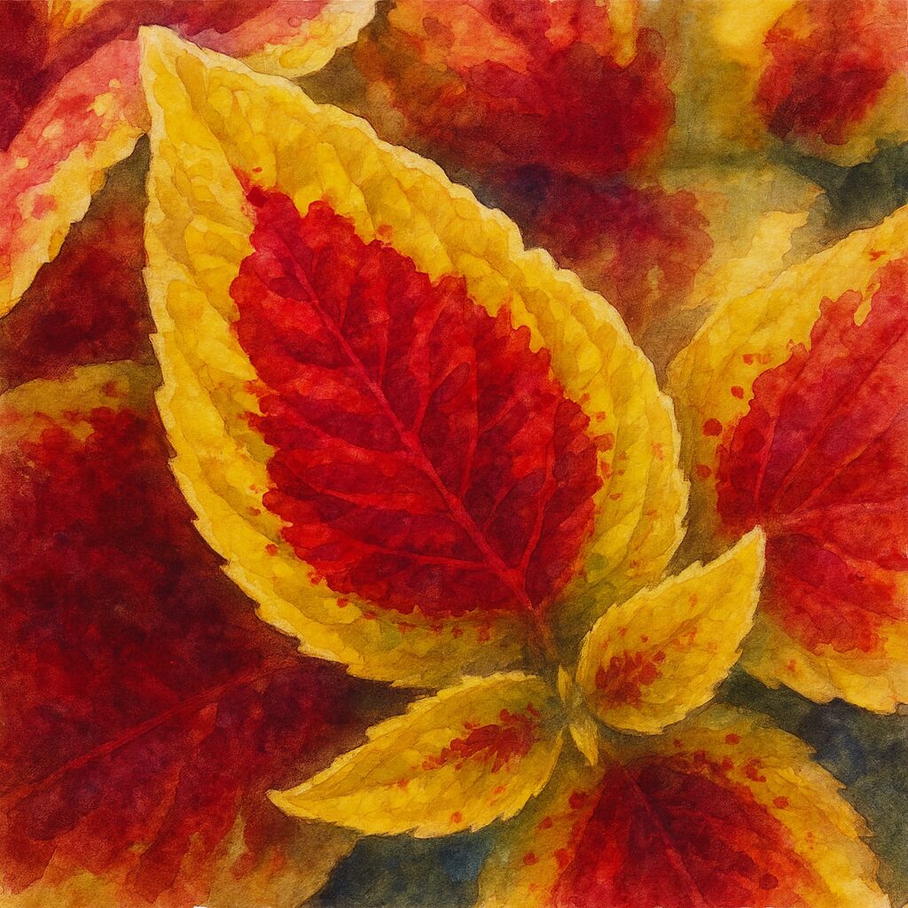 コリウスの葉を描いた水彩画風イラスト|赤と黄色のコントラストが映える観葉植物のアート