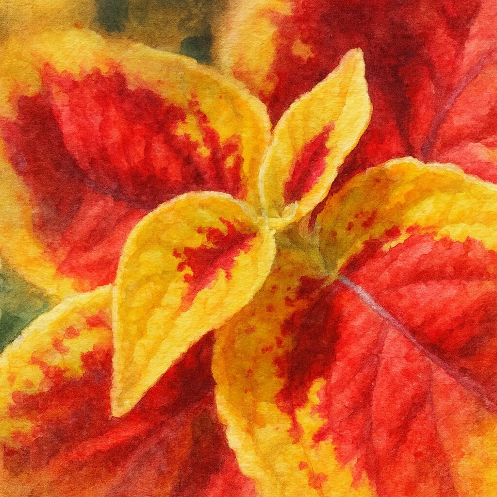 コリウスの葉を描いた水彩画風イラスト|赤と黄色のコントラストが美しい観葉植物アート