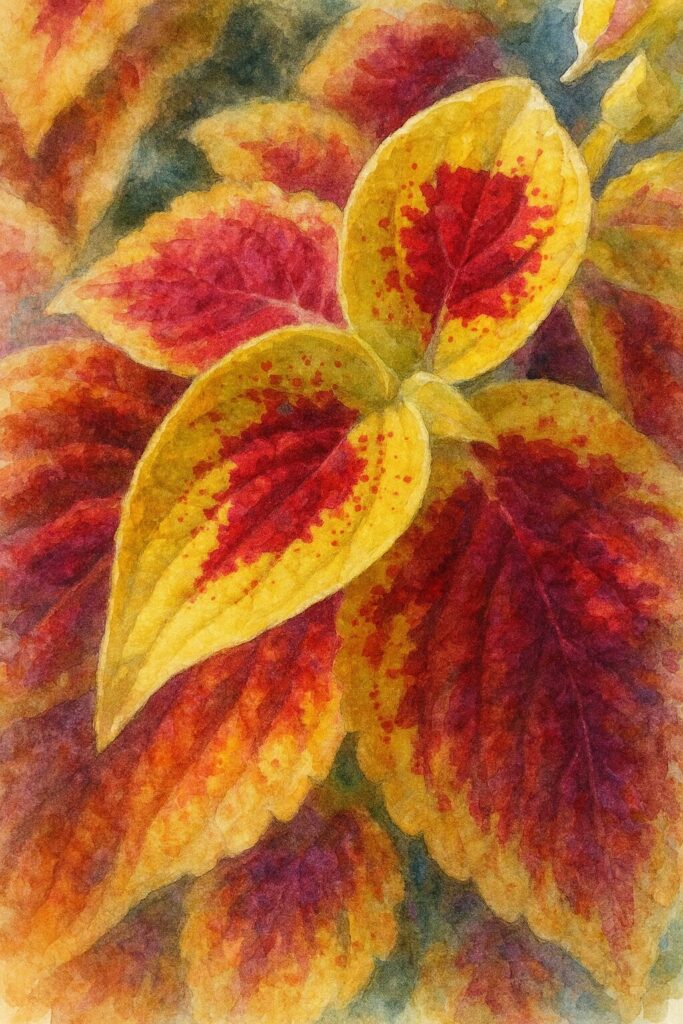 コリウスの葉を描いた水彩画風イラスト|黄色と赤のコントラストが映える観葉植物アート