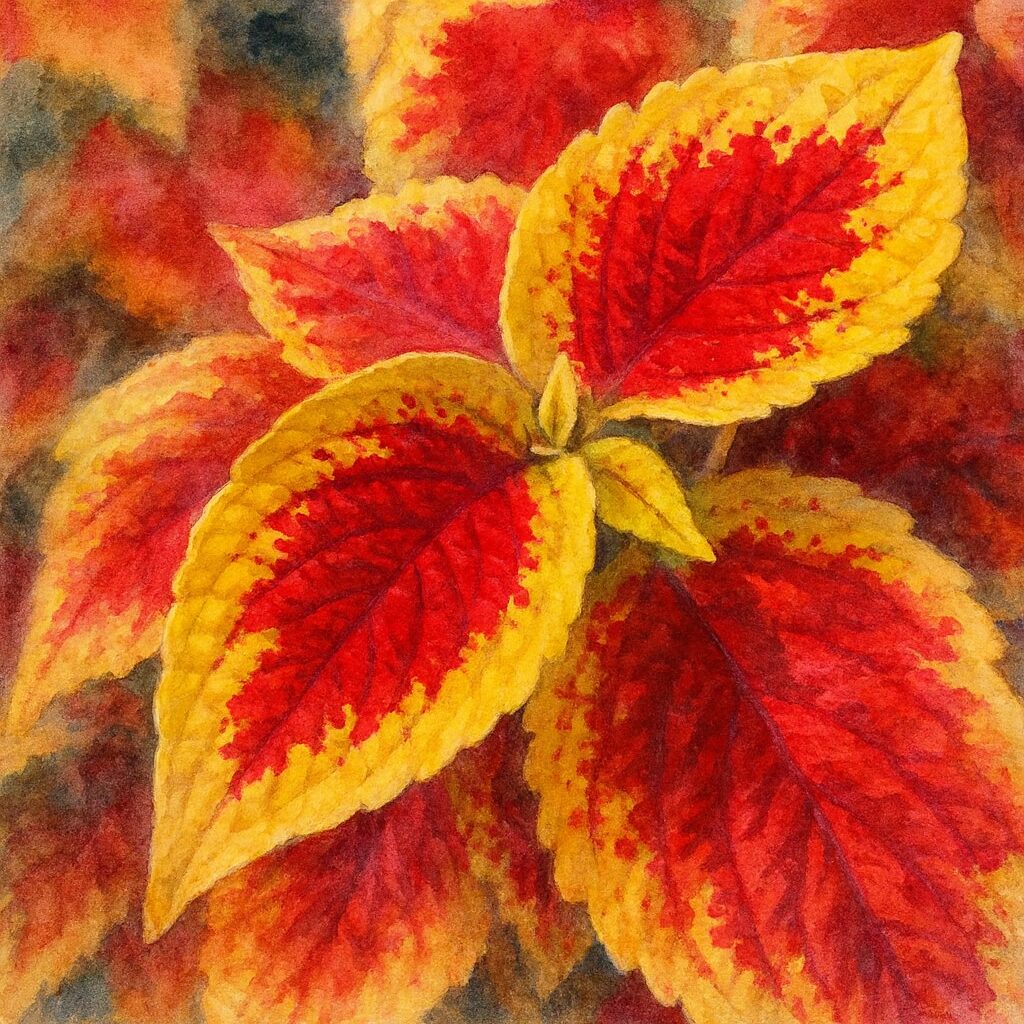 コリウスの葉を描いた水彩画風イラスト|赤と黄色の美しいコントラストが魅力の観葉植物アート