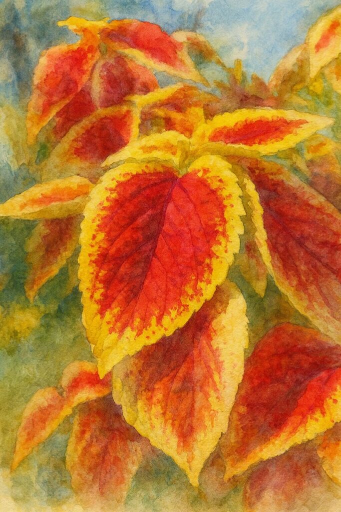 コリウスの葉を描いた水彩画風イラスト|赤と黄色のコントラストが美しい観葉植物アート