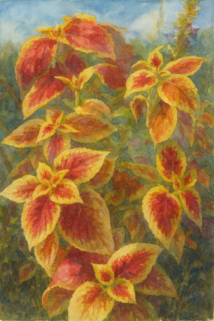 コリウスの葉を描いた水彩画風イラスト|赤と黄色のコントラストが美しい観葉植物アート