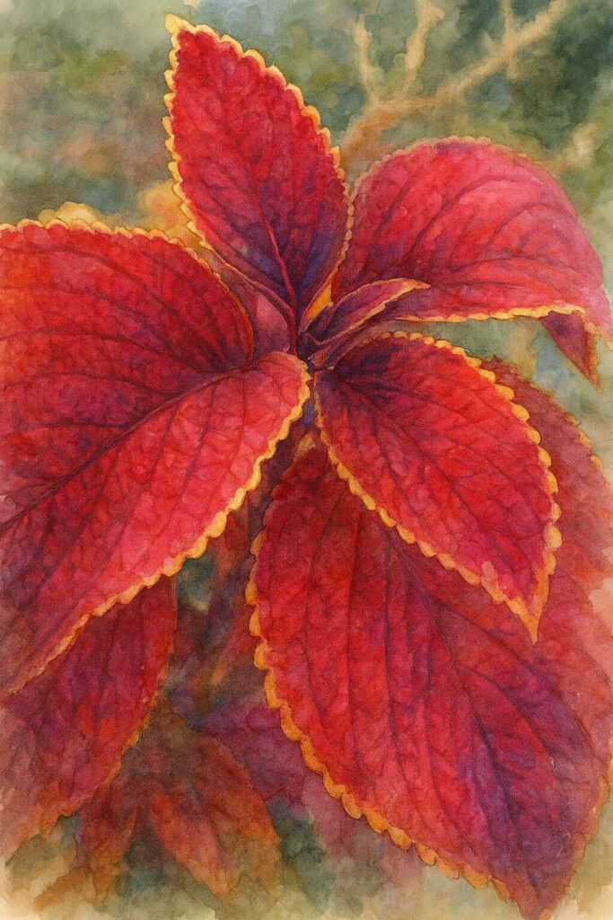 コリウスの赤い葉を描いた水彩画風イラスト|深い赤色が印象的な観葉植物アート