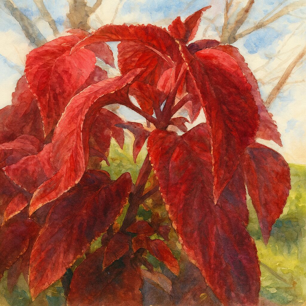 コリウスの赤い葉を描いた水彩画風イラスト|逆光で輝く色彩豊かな観葉植物アート