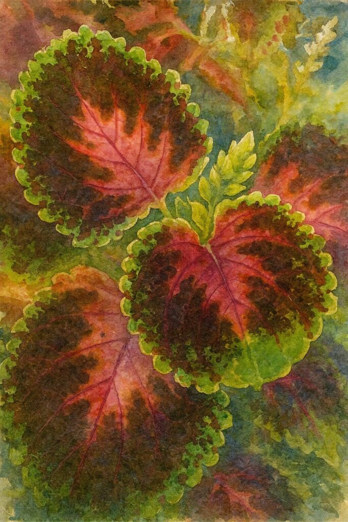 ピンクと緑のコリウスの葉を描いた水彩画風イラスト|色彩が美しい観葉植物アート