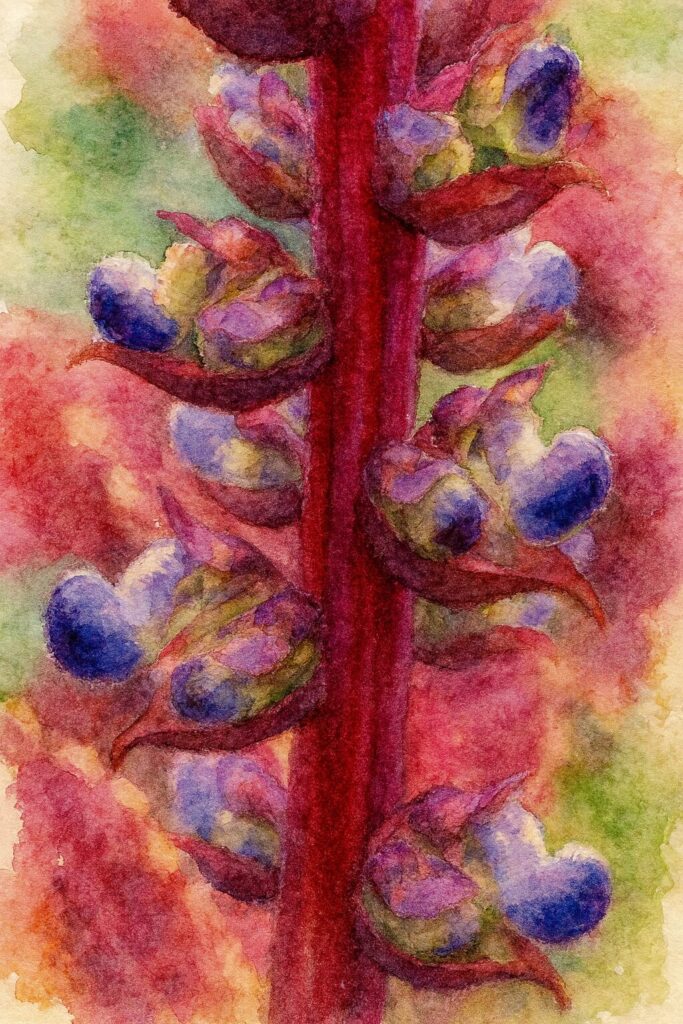 コリウスの花穂を描いた水彩画風イラスト|紫色の小花が連なる観葉植物アート