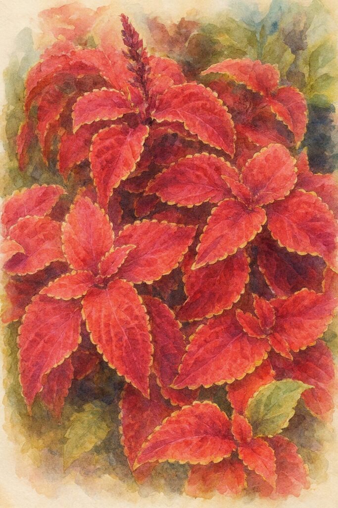 赤いコリウスの葉を描いた水彩画風イラスト|黄色の縁取りが映える観葉植物アート