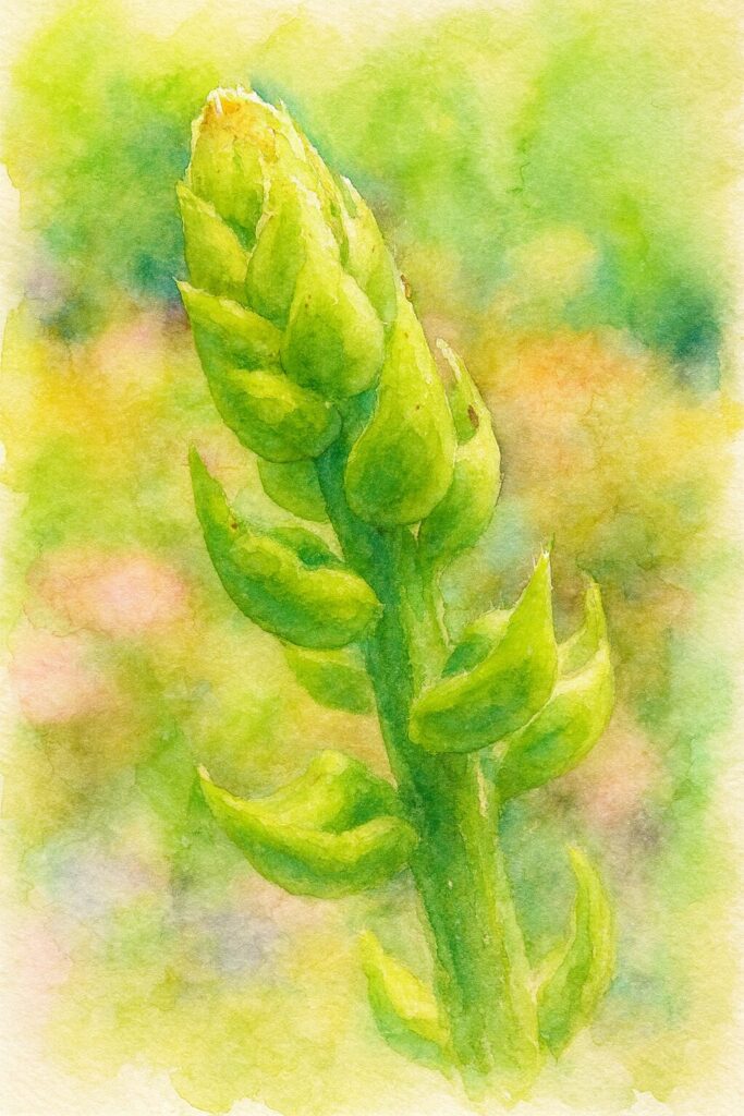 コリウスの花芽を描いた水彩画風イラスト|淡い緑のつぼみが優しい雰囲気の観葉植物アート