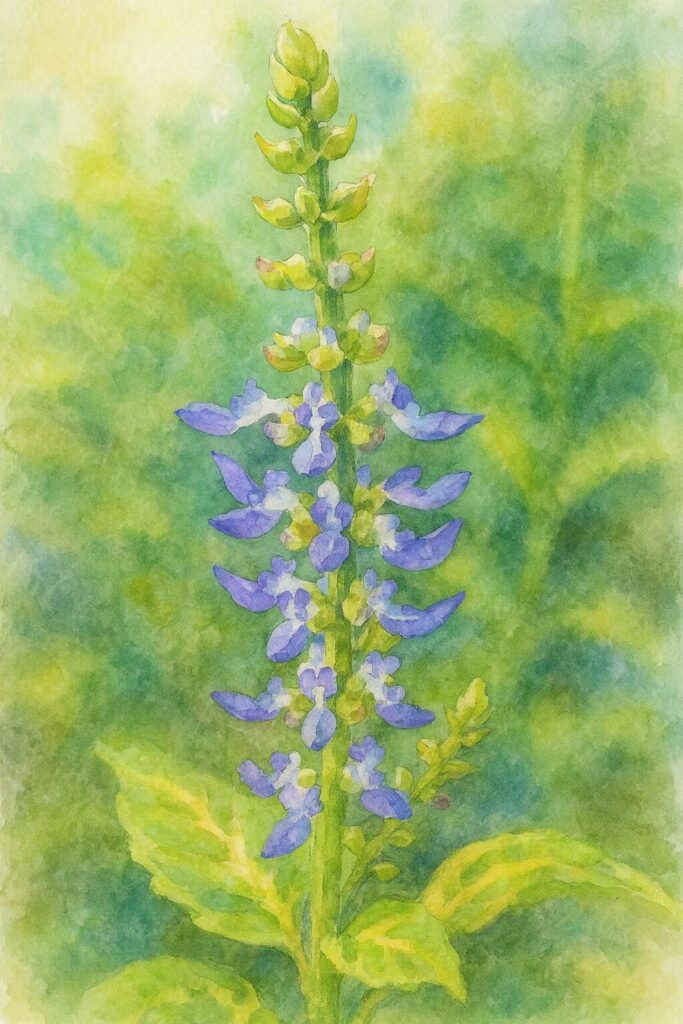 コリウスの青紫の花穂を描いた水彩画風イラスト|緑の背景に映える観葉植物アート