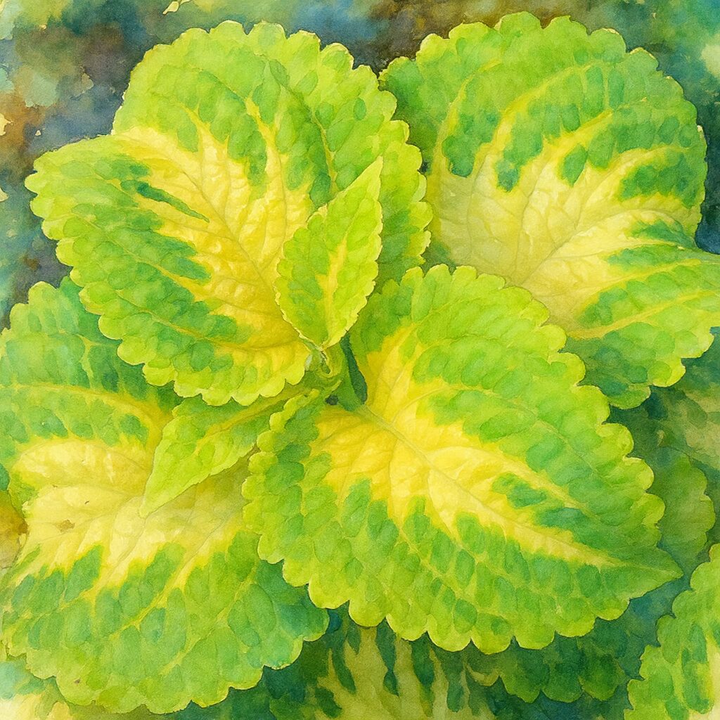 黄緑とクリーム色のコリウスの葉を描いた水彩画風イラスト|美しいカラーリーフの植物アート