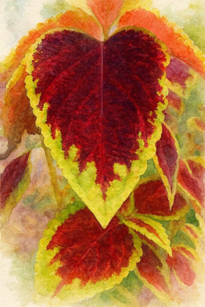 水彩画風に描かれたコリウスの赤と黄緑の葉のアート|観葉植物イラスト・カラーリーフ