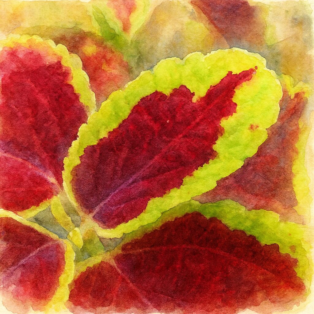 赤と黄緑の斑入りコリウスを描いた水彩画風ボタニカルアート|カラフルな葉