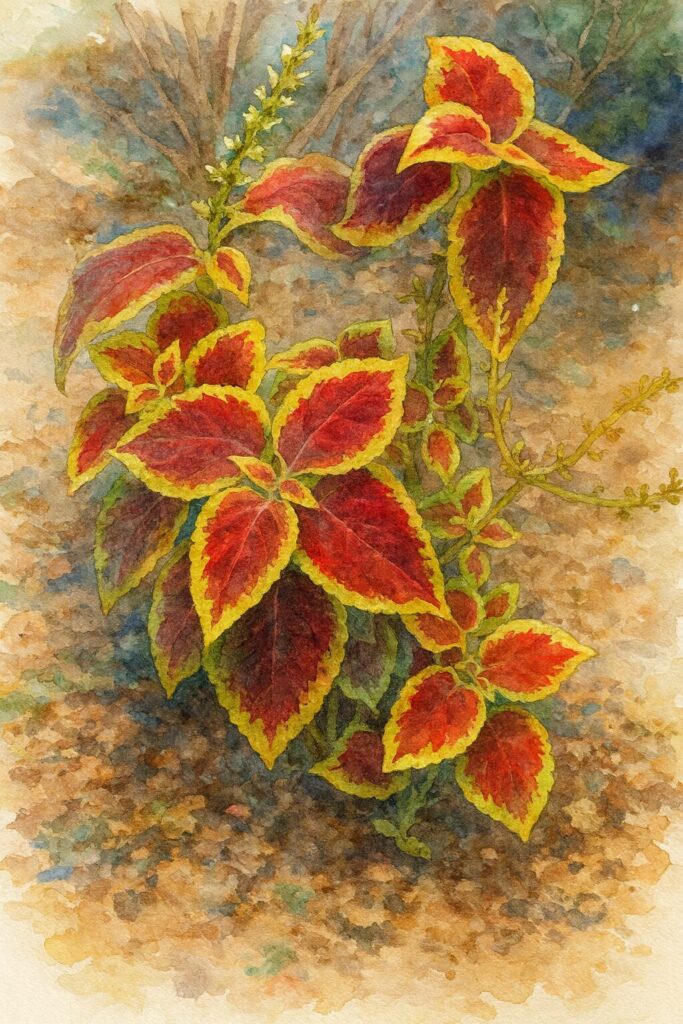 赤と黄緑のコリウスを写実的に描いたプロ風の水彩画イラスト