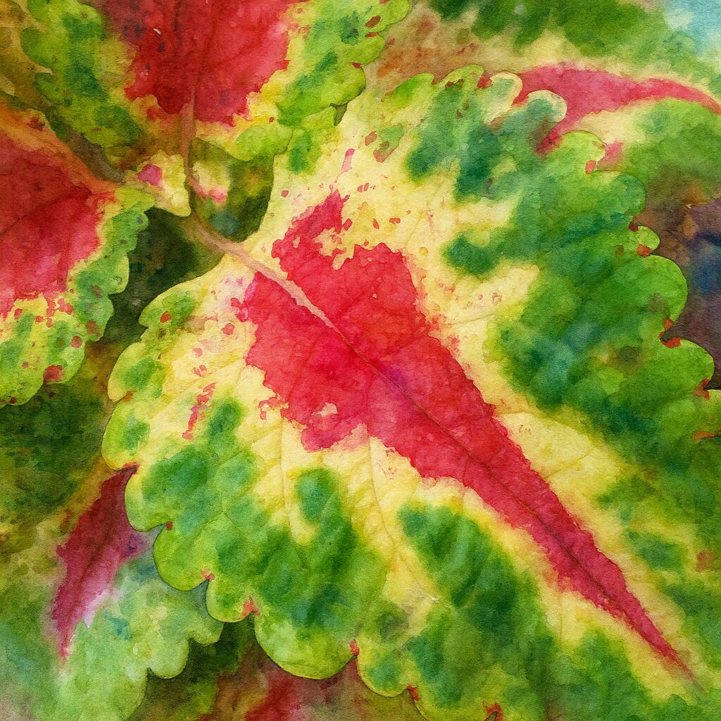 水彩画風に描かれたコリウスの葉のアップ|赤と黄緑のコントラストが際立つボタニカルアート