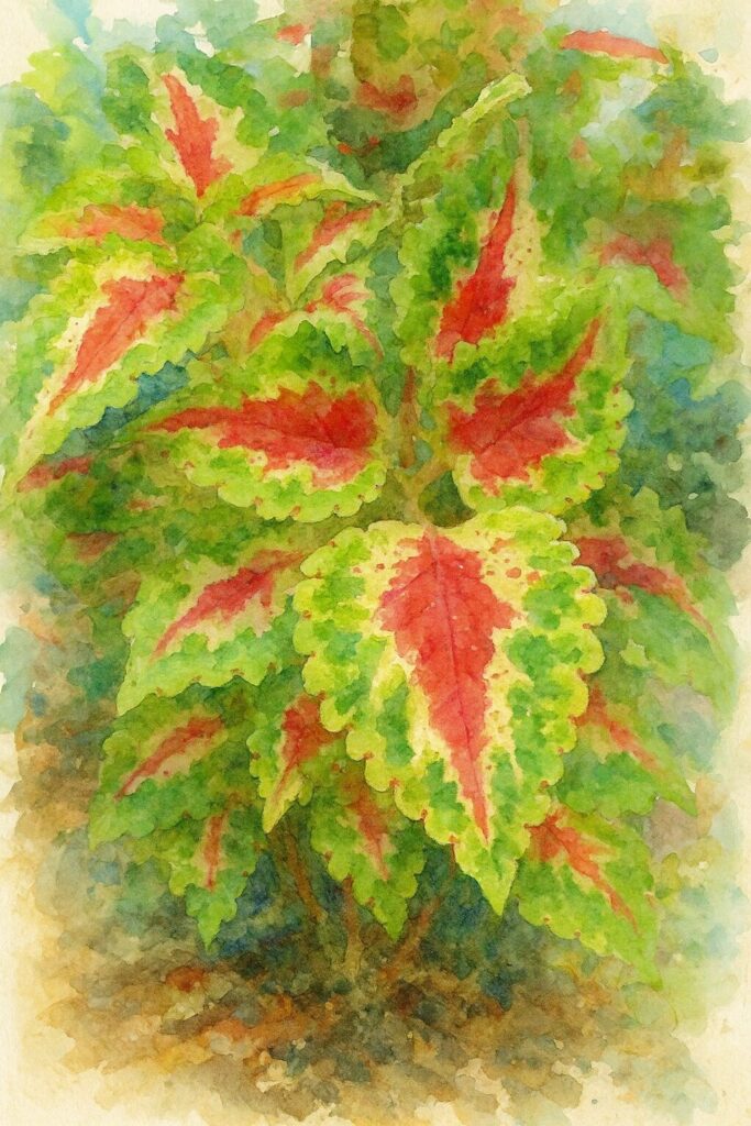 水彩画風に描かれた赤とライムグリーンのコリウスの葉のアートイラスト
