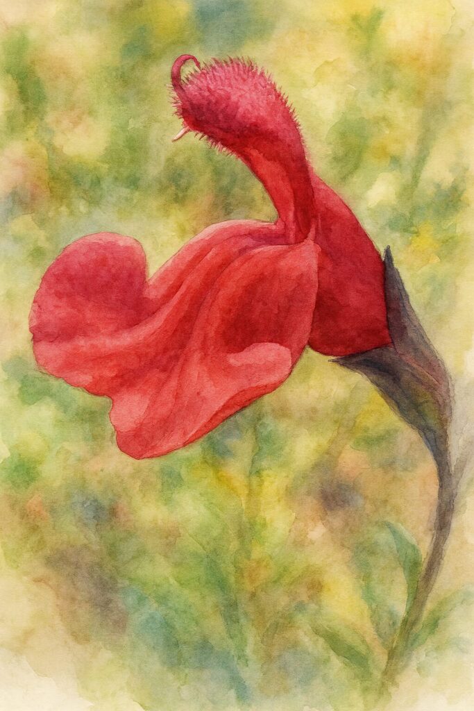 チェリーセージの赤い花を柔らかな背景に描いた水彩画風イラスト