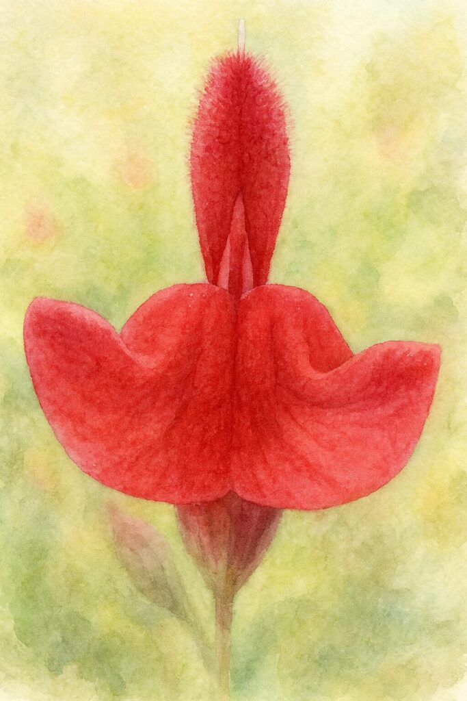 チェリーセージの赤い花を正面構図で描いた水彩画風イラスト