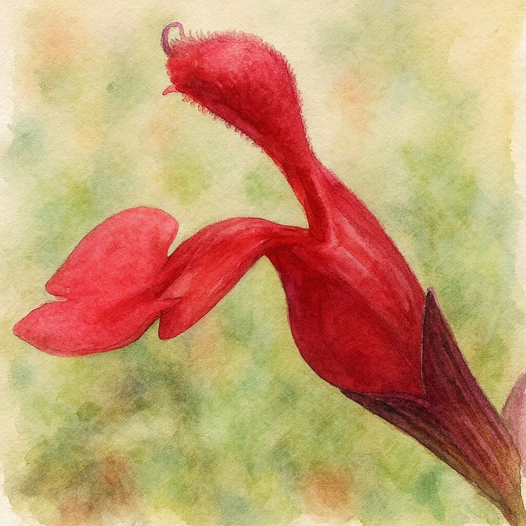 赤いチェリーセージの花を横向きに描いた水彩画風イラスト