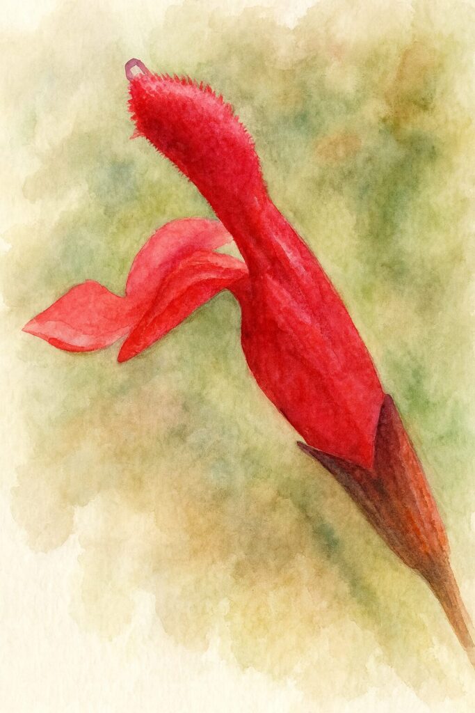 赤いチェリーセージの花を横向き構図で描いた水彩画風イラスト