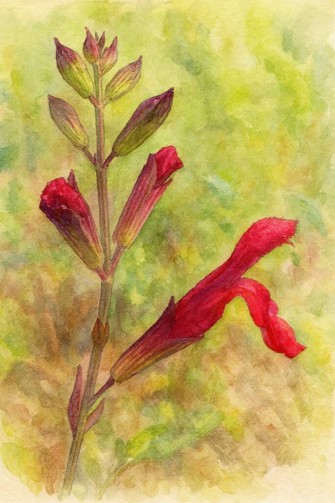 チェリーセージの蕾と赤い花を柔らかい背景で描いた水彩画風イラスト