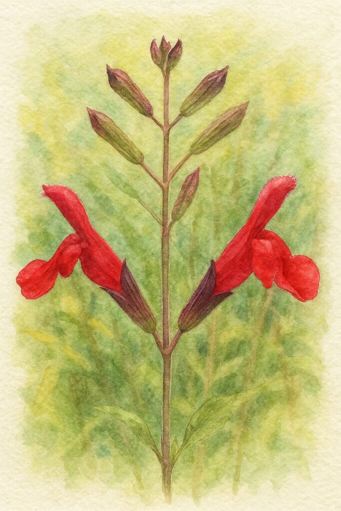 左右に咲くチェリーセージの赤い花と蕾を柔らかな背景で描いた水彩画風イラスト