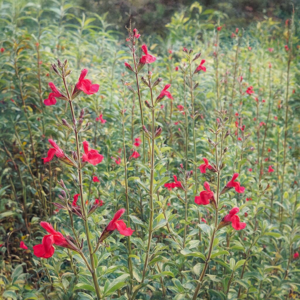 赤い花を咲かせたチェリーセージの群生を柔らかな色合いで描いた水彩画風イラスト