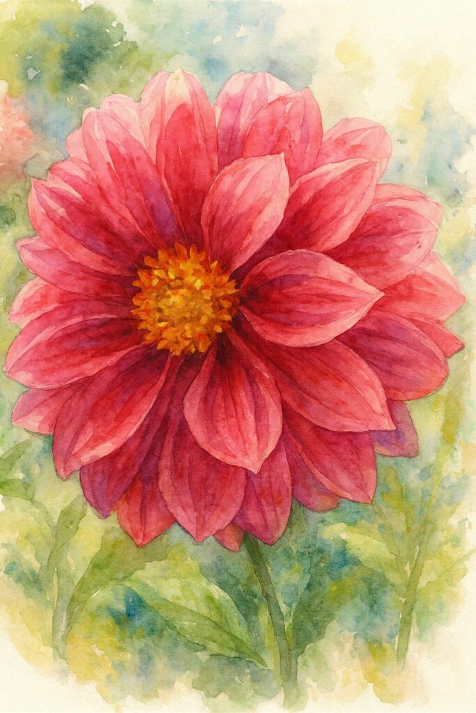 鮮やかなピンクのダリアを描いたプロレベルの水彩画風イラスト|黄色い中心が映える花