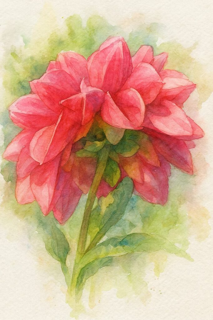 ピンクのダリアを後方から描いたプロの水彩画風イラスト|透ける花びらと緑の葉が美しい花