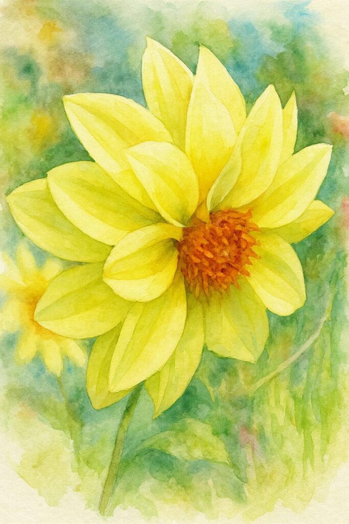 黄色いダリアを横向きに描いた水彩画風のイラスト|柔らかな花びらと緑の背景が美しい花