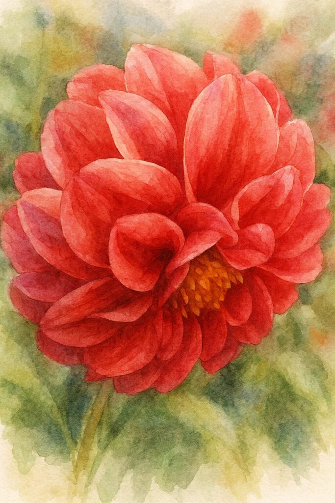 赤いダリアを横から描いた水彩画風イラスト|立体感のある花びらが魅力の美しい花