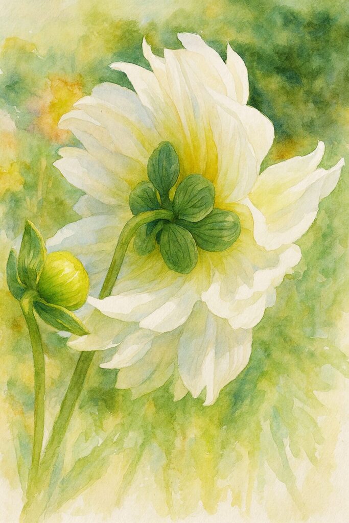 白いダリアの花を裏側から描いた水彩画風イラスト|緑のガクと蕾が特徴的な花