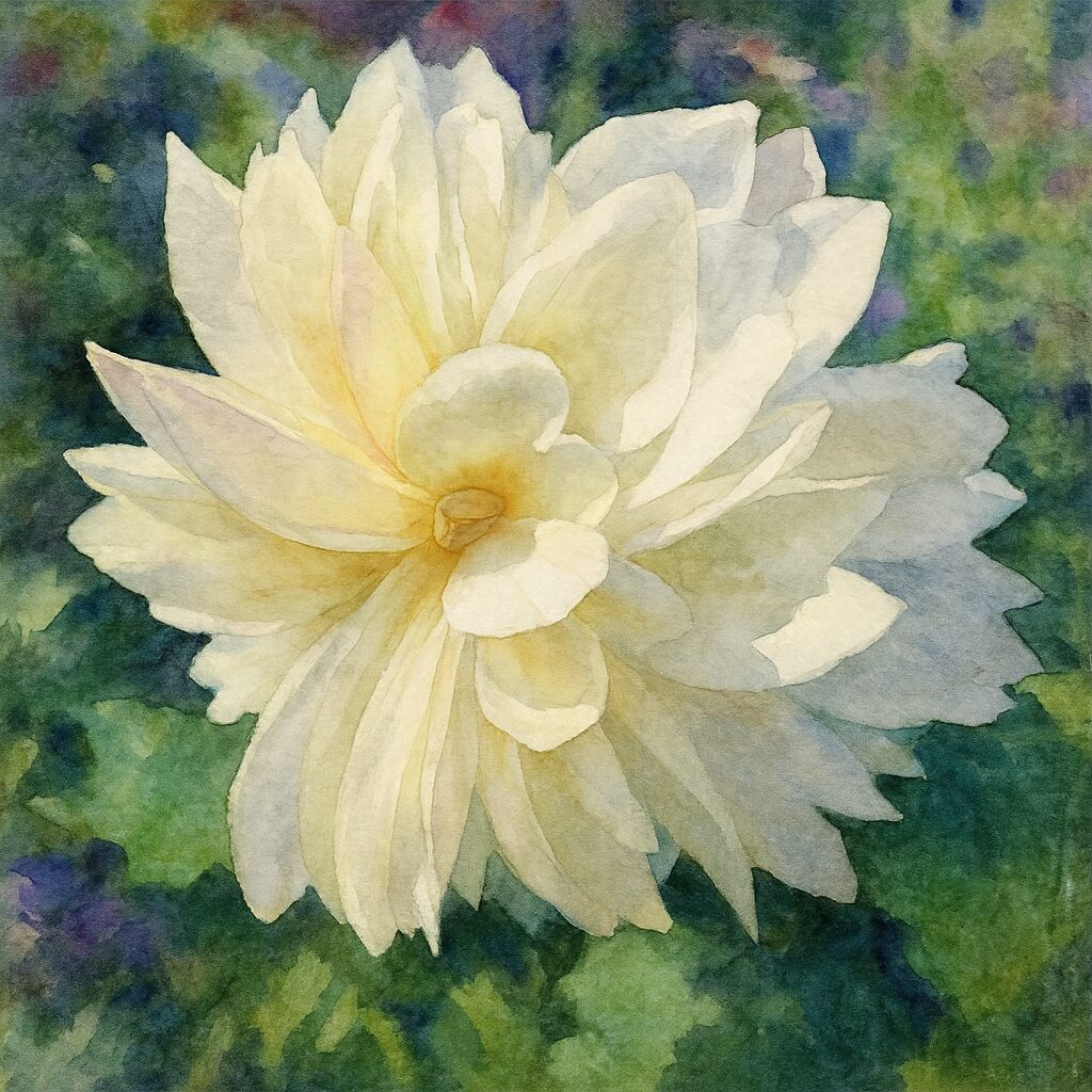 白いダリアを大きく描いた水彩画風イラスト|柔らかな花びらと立体的な光表現が魅力