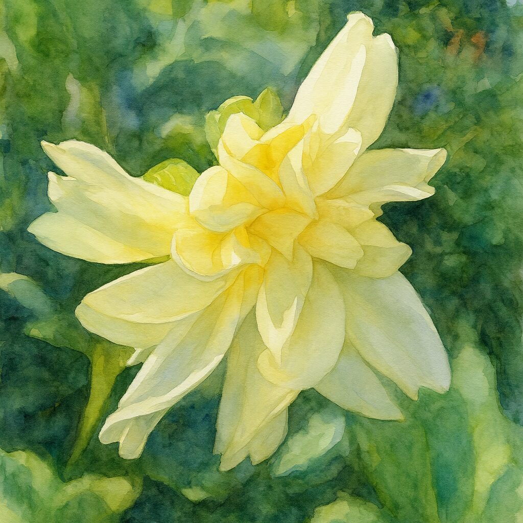 淡いクリーム色のダリアを大きく描いた水彩画風イラスト|光を含む柔らかな花びらが魅力