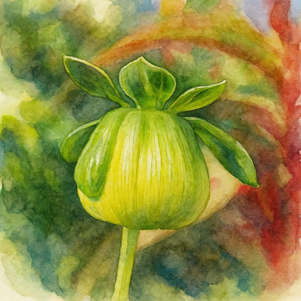 ダリアの蕾を描いた水彩画風イラスト|光を受けて輝く緑の花芽が美しい