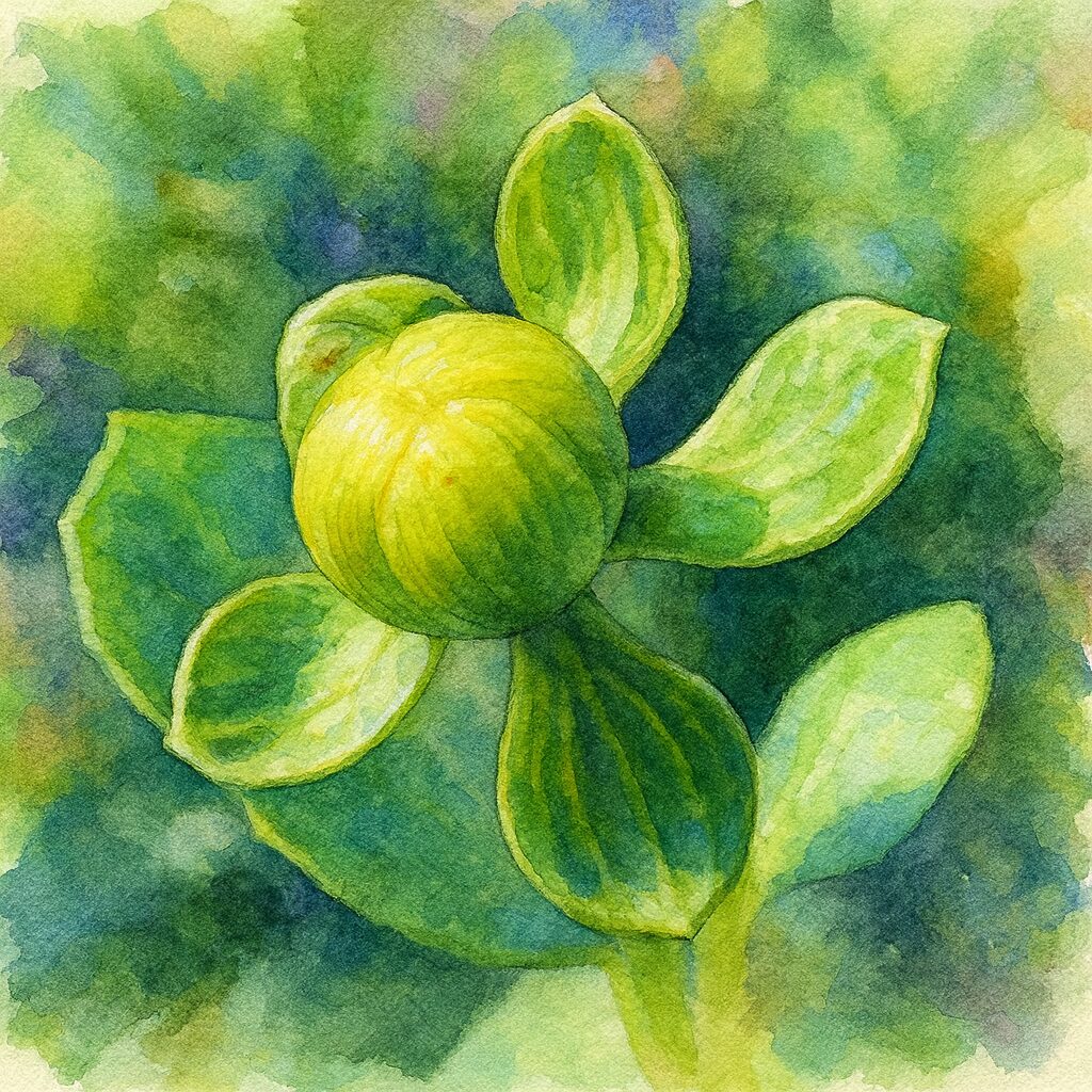 ダリアの蕾を描いた水彩画風イラスト|光を受けて輝く丸い花芽と葉の質感が美しい