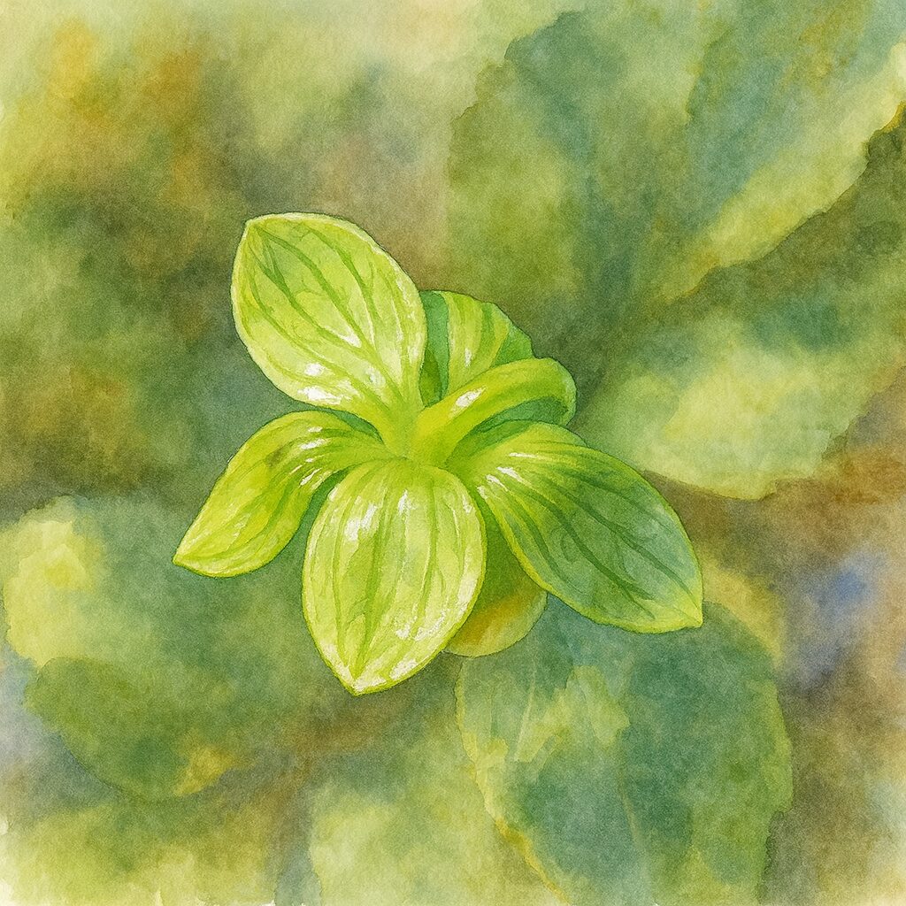 ダリアの蕾を描いた水彩画風イラスト|光を受けて輝く緑の葉と花芽が瑞々しいボタニカルアート