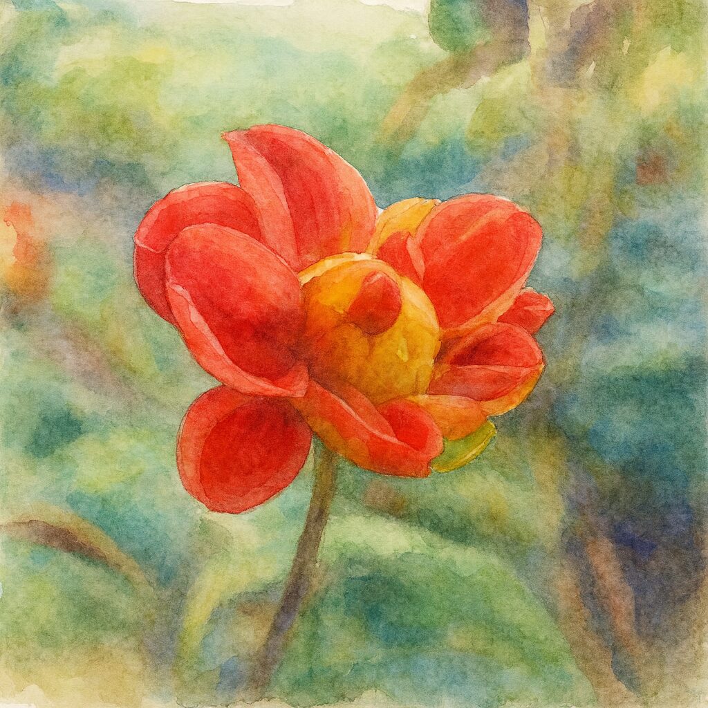 赤いダリアの蕾を描いた水彩画風イラスト|赤と黄色の花びらが美しいボタニカルアート