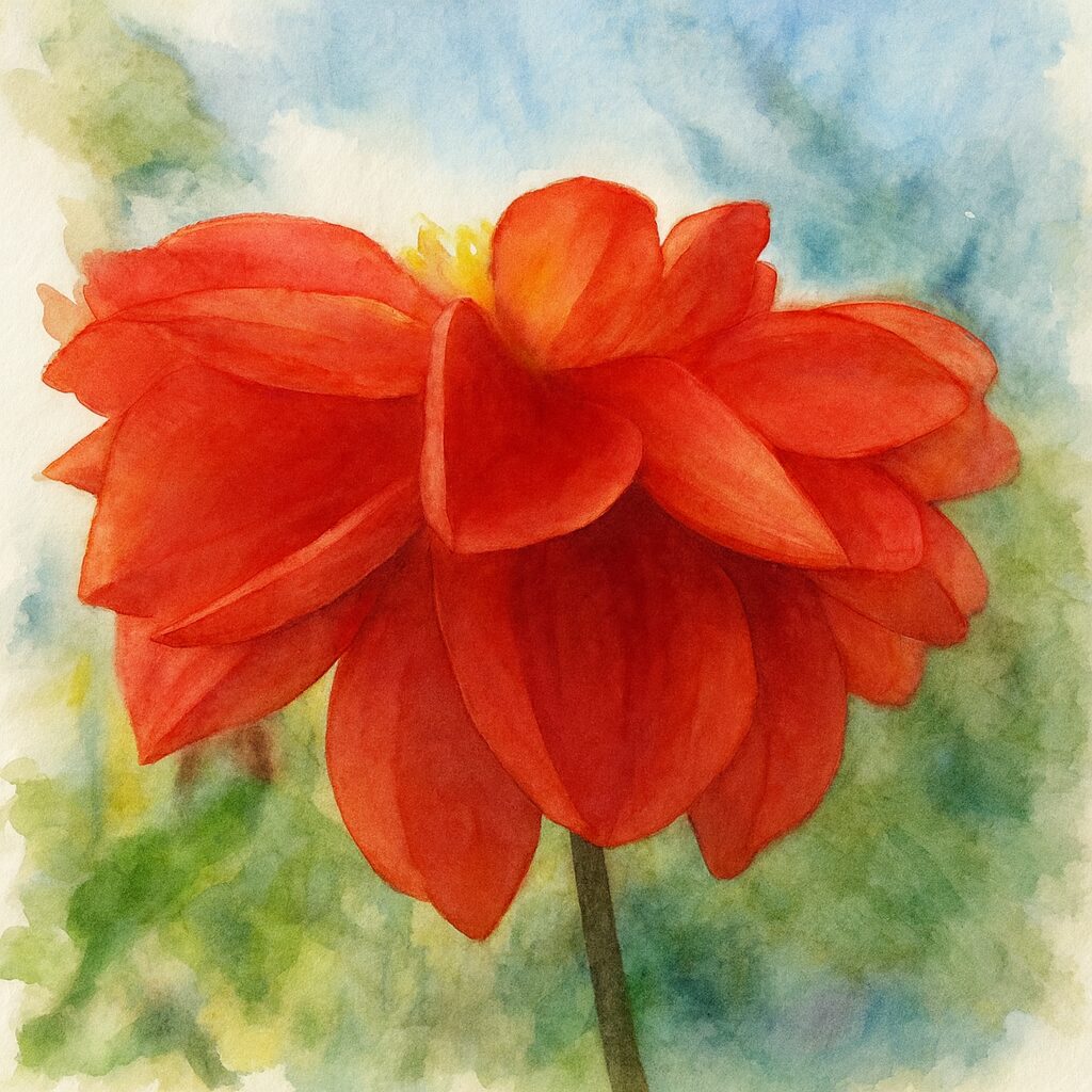 青空を背景に咲く赤いダリアを描いた水彩画風イラスト|柔らかなタッチで描かれた鮮やかな花
