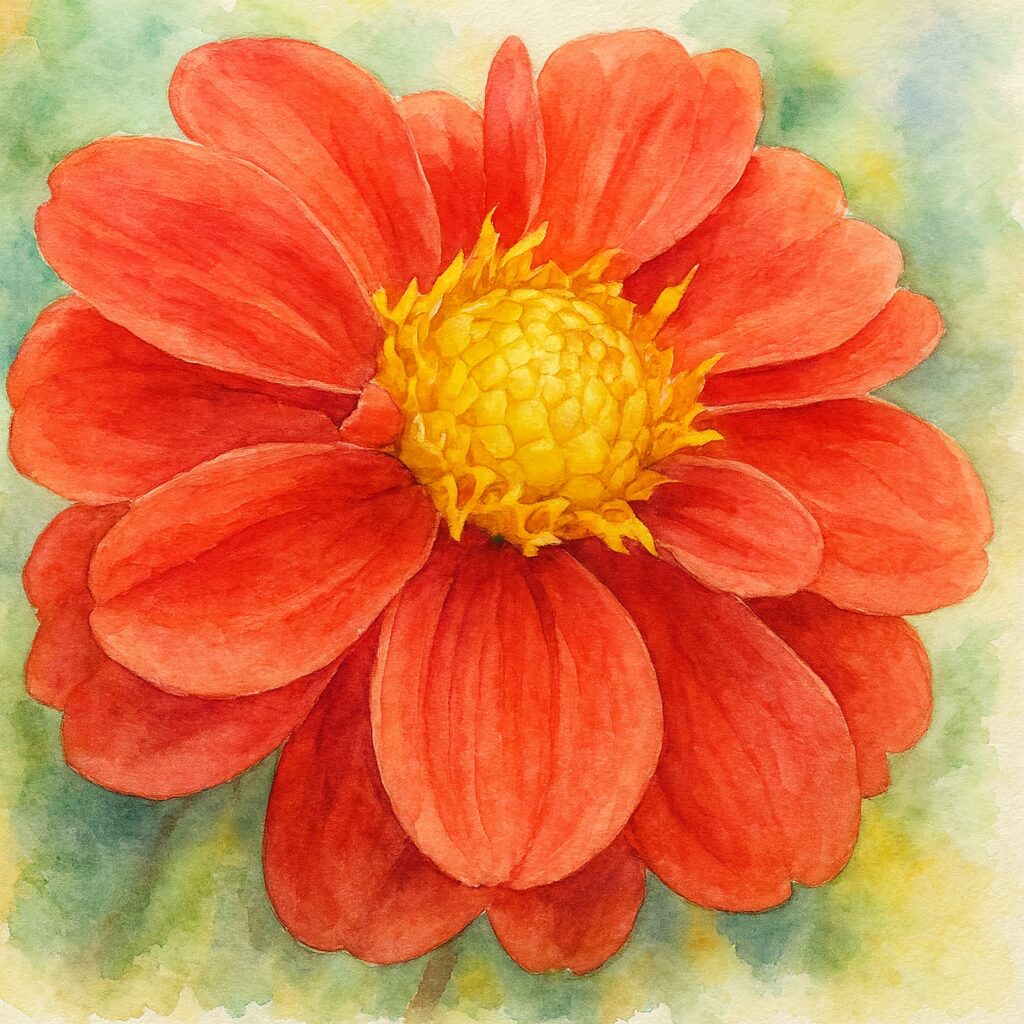 赤いダリアを真上から描いた水彩画風イラスト|柔らかなタッチのボタニカルアート