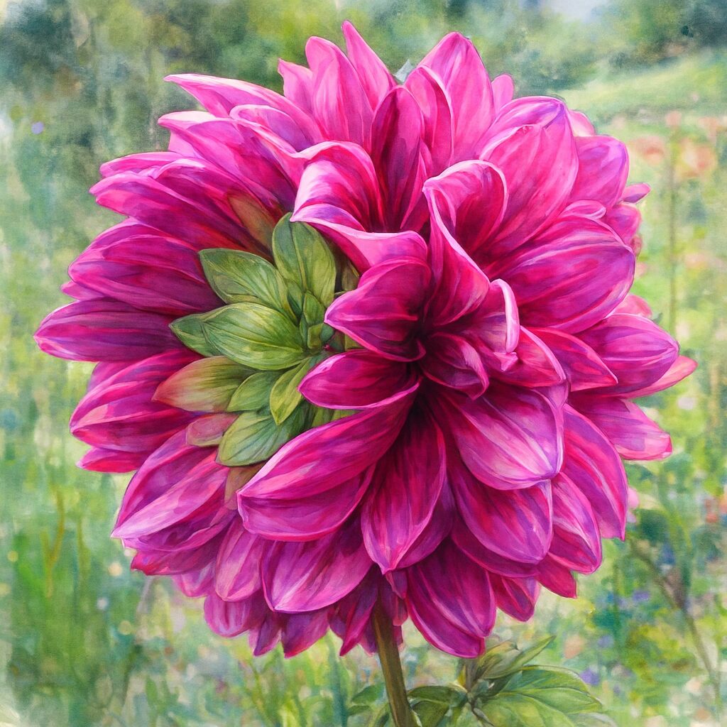 濃いピンクのダリアを描いた水彩画風のボタニカルアート