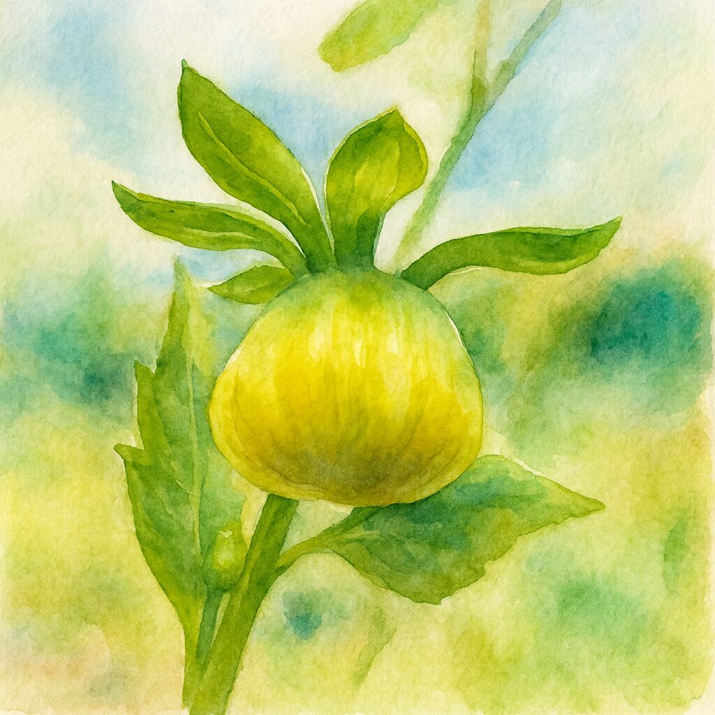 ダリアの緑色の蕾を描いた水彩画風イラスト|柔らかい背景に浮かぶボタニカルアート