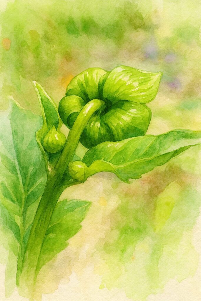 水彩画風に描かれたダリアの鮮やかな緑の蕾と葉のボタニカルアート