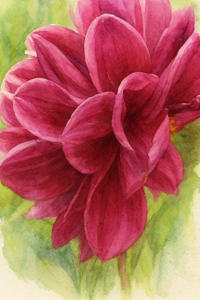 鮮やかなピンクのダリアを描いたプロ風の水彩画イラスト