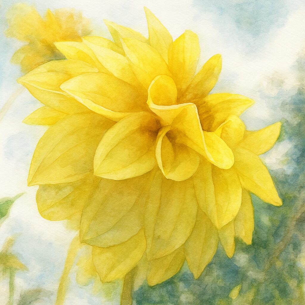 淡い青空を背景に黄色いダリアを描いた、柔らかなタッチの水彩画イラスト