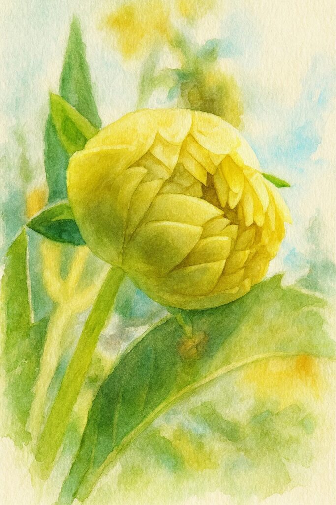 水彩画で描かれた黄色のダリアのつぼみ、柔らかな筆致と淡い背景が特徴のボタニカルアート