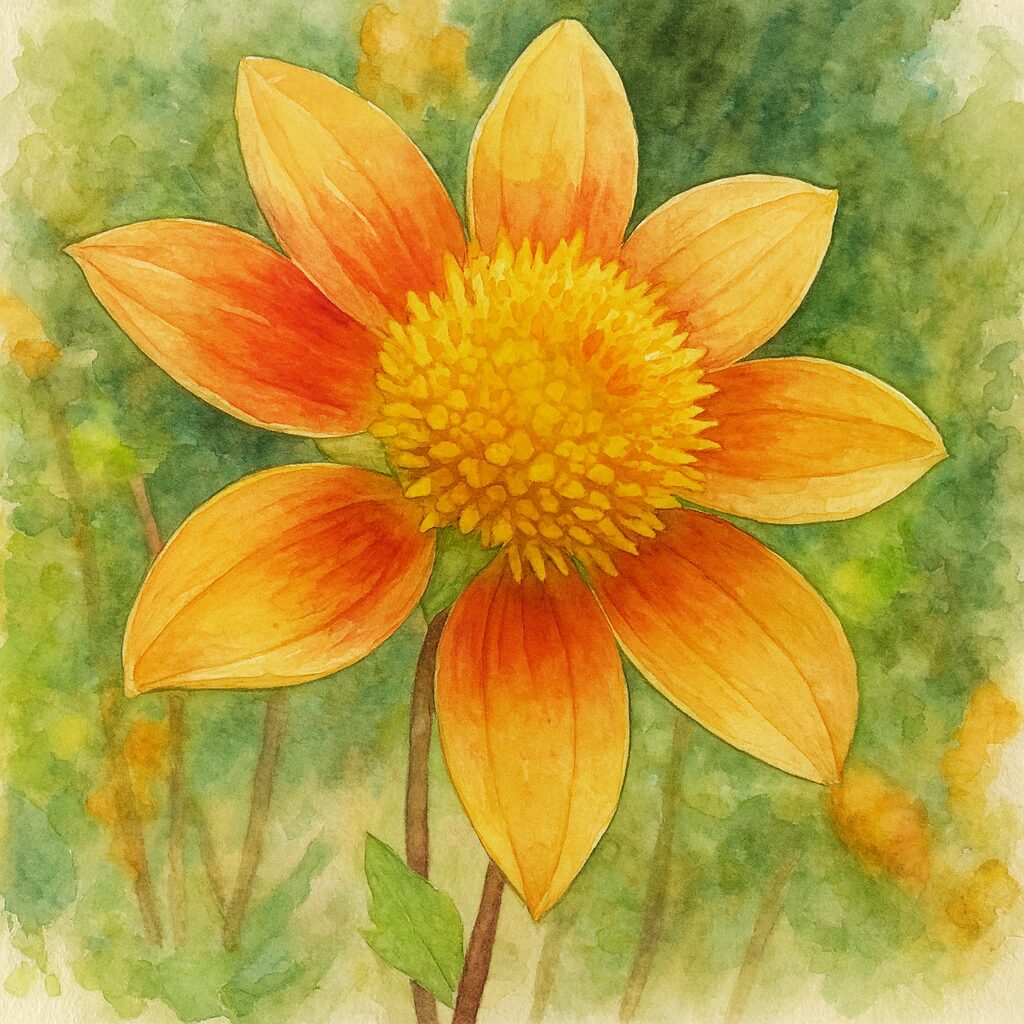 濃いオレンジと黄色のダリアを描いた水彩画風ボタニカルアートイラスト