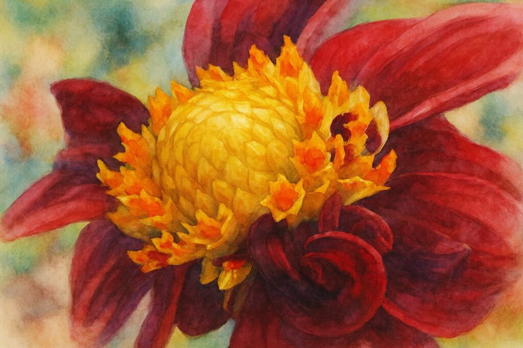 深紅のダリアを描いた水彩画風イラスト|鮮やかな黄色の花芯が映えるボタニカルアート