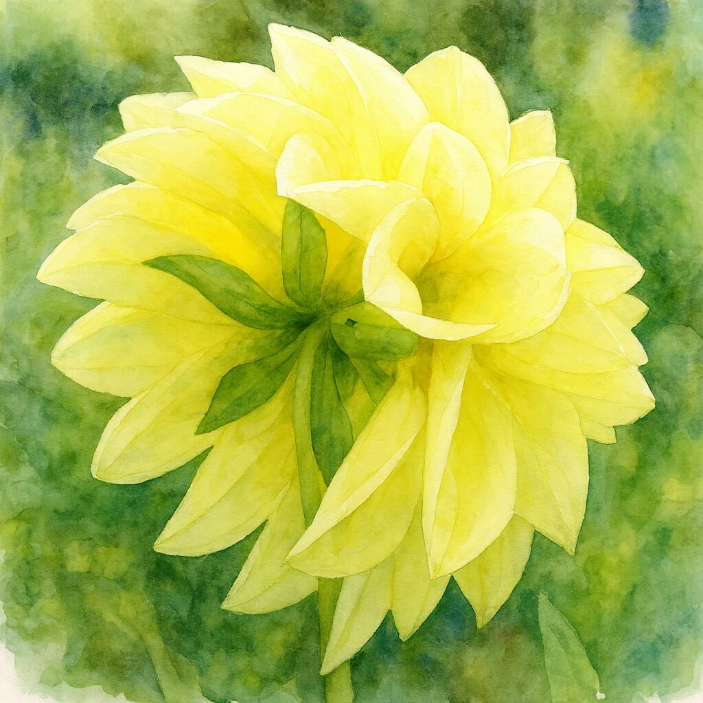 黄いろのダリアの水彩画風イラスト|柔らかな花びらが広がるボタニカルアート