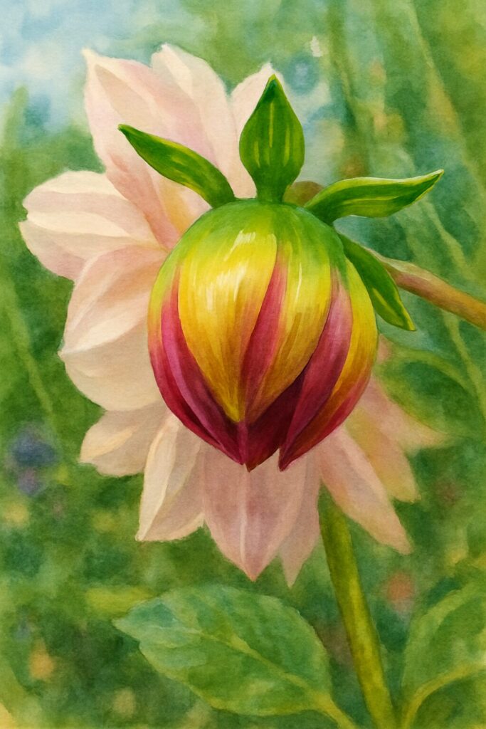 水彩画で描かれたダリアの蕾のボタニカルアート|緑と赤紫のコントラストが鮮やか