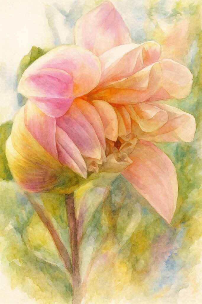 柔らかな水彩画風で描かれたピンクのダリアの蕾のボタニカルアート